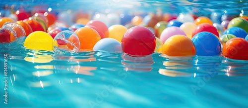 A vibrant assortment of balls floating in a portable swimming pool with ample copy space for images