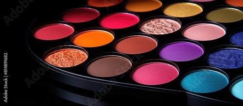 A vibrant arrangement of colorful eyeshadow palettes on a black background creating a captivating make up cosmetic composition Ideal for a copy space image