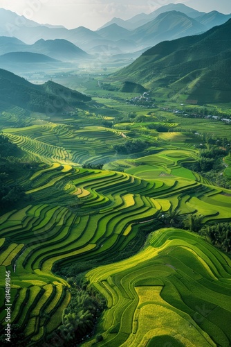 Aerial view of rice fields in the highlands  featuring green and yellow tones.