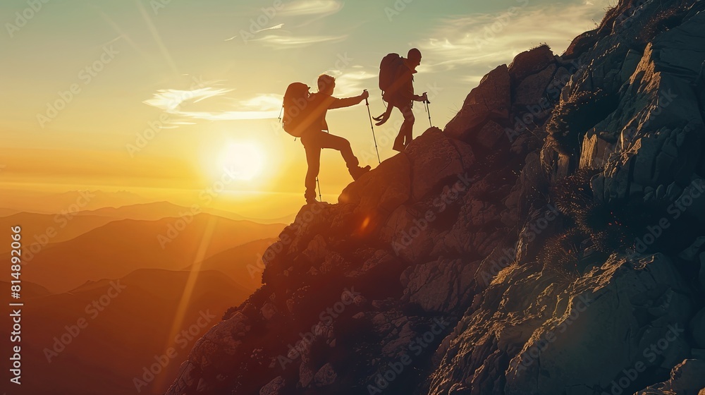 The silhouette of two hikers helping each other reach the top of a mountain at sunset The silhouette of two hikers helping each other reach the top of a mountain at sunset