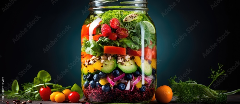 A vibrant jar of fitness salad captures the essence of nourishment for beauty and balance making it a perfect copy space image