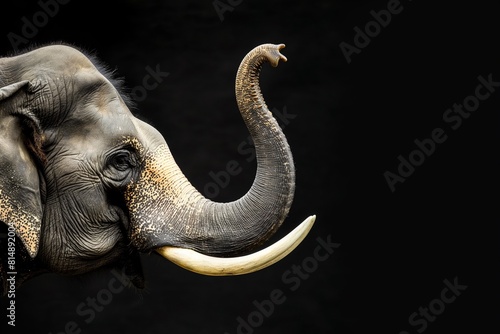 Close-up of an Asian elephant isolated against a black background