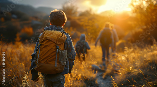 Child with ADHD joyfully hiking with family in nature   inclusive adventure exploring together photo