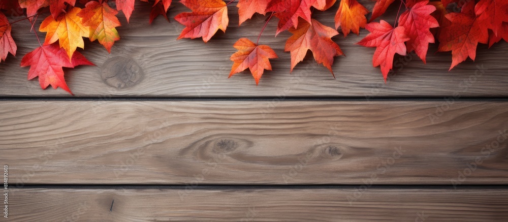 A copy space image with autumn leaves on a wooden background A copy space image with autumn leaves on a wooden background