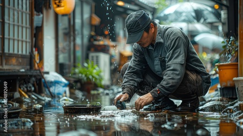 Japanese plumber repairing a leaking faucet in a traditional Japanese ryokan