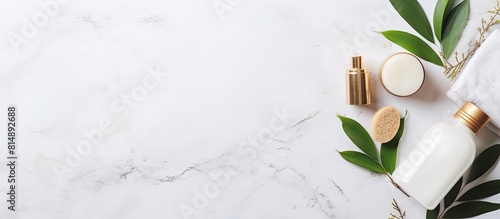 A zero waste concept is depicted in a flat lay composition on a white marble background The image showcases natural body care or bath products with ample copy space for text