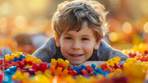 A child with autism joyfully engaging in sensory play, highlighting inclusion, developmental fun, and shared happiness photo