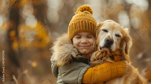 Photo realistic image of a child with Down syndrome joyfully hugging their therapy dog, illustrating the deep emotional connection and support provided by their furry friend Stoc