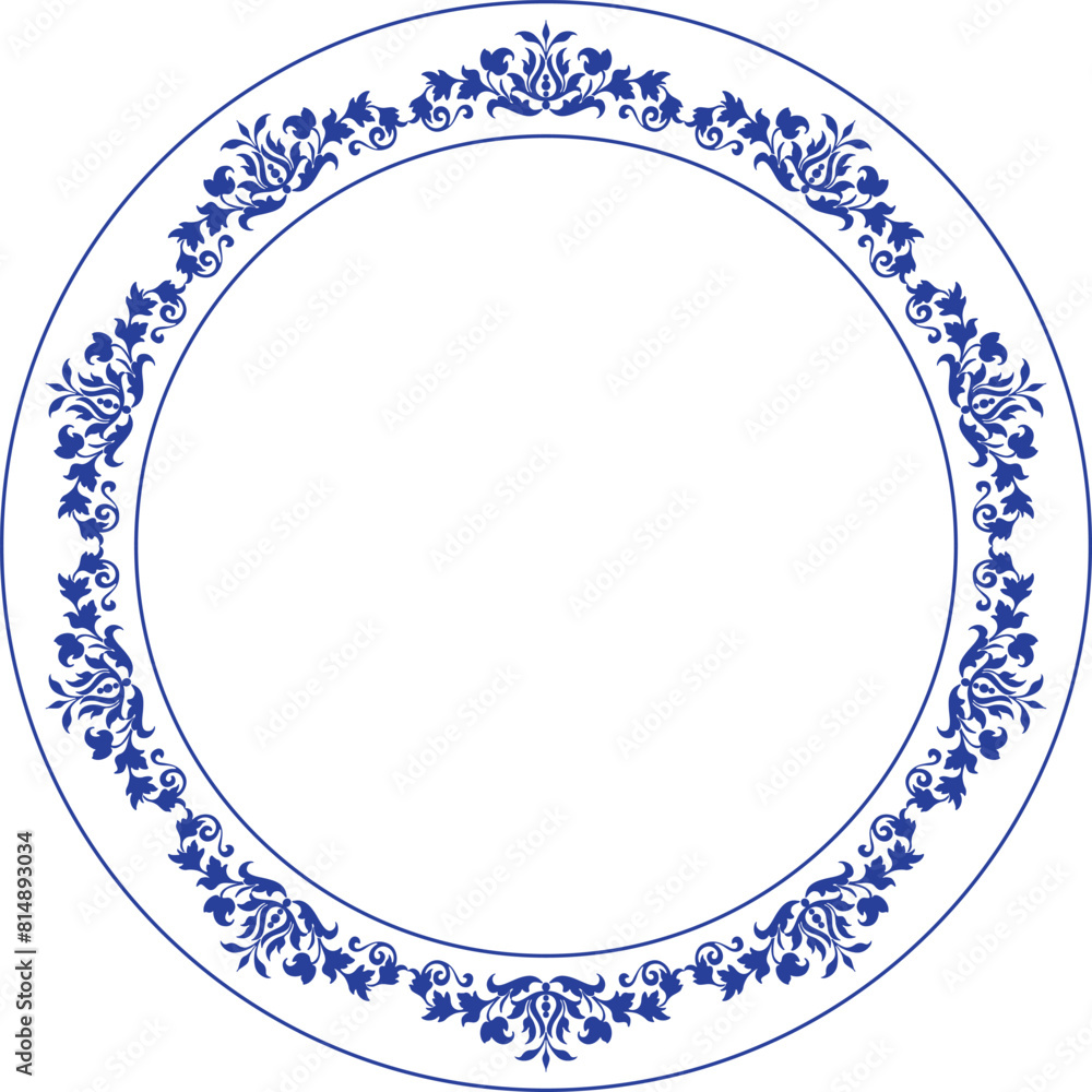 Beautiful round frame arabesques. Blue white plate with floral design. Vintage, ethnic vector frame with arabesques (EPS). Pattern frame for round surfaces, household utensils, textiles, embroidery Beautiful round frame arabesques. Blue white plate with floral design. Vintage, ethnic vector frame with arabesques (EPS). Pattern frame for round surfaces, household utensils, textiles, embroidery