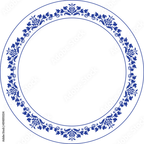 Beautiful round frame arabesques. Blue white plate with floral design. Vintage, ethnic vector frame with arabesques (EPS). Pattern frame for round surfaces, household utensils, textiles, embroidery