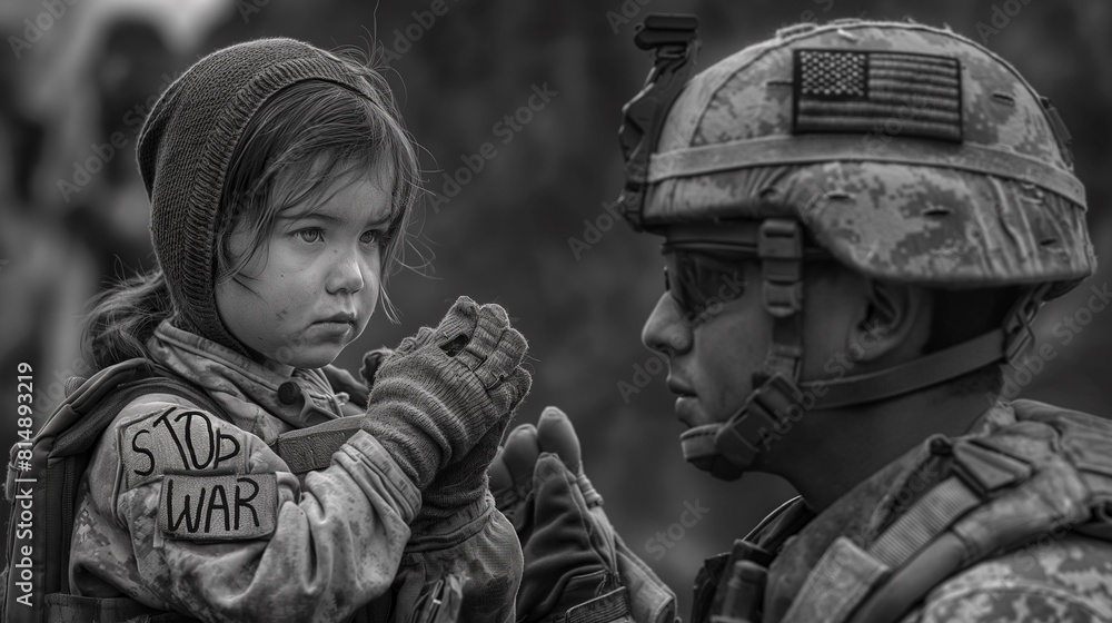 a girl in a military uniform, on her uniform there are stripes with the inscription stop war, the girl looks at a military soldier a girl in a military uniform, on her uniform there are stripes with the inscription stop war, the girl looks at a military soldier