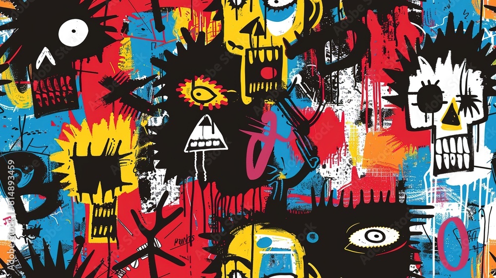 Obraz premium punk pop rock style elements abstract face with grungy texture with color splash abstract background, seamless pattern tile, Generative Ai