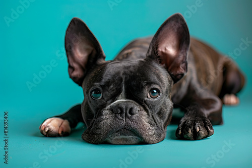 A black and white french bulldog laying on a blue background.