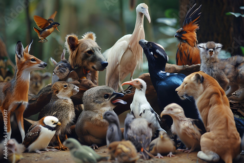 A group of animals, including birds and mammals, are gathered together