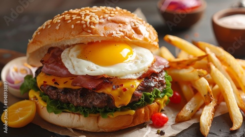A cheeseburger with an egg on top and a side of fries