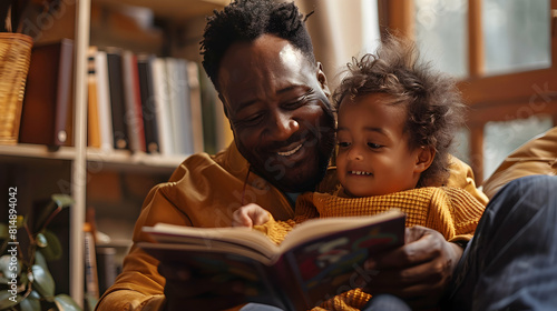 Photo realistic depiction of a disabled father and child bonding during a storytelling session, highlighting joy and inclusion in family moments disabled father happily reading a