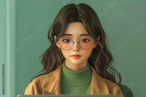 A cute girl in the style of gongbi , poses and expressions, dark beige and green using laptop photo