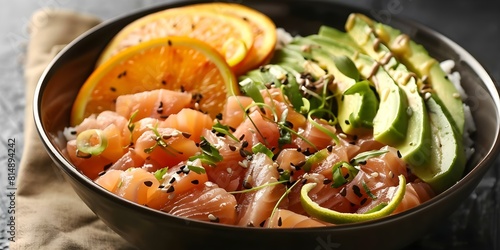 Aerial Shot of Hawaiian Tuna Poke Bowl with Orange Slices and Avocado. Concept Food Photography  Hawaiian Cuisine  Fresh Ingredients  Vibrant Colors