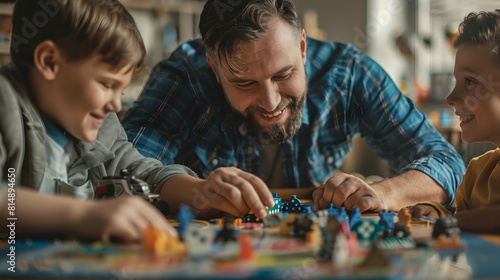 Portrait of Inclusion: Disabled Uncle Bonding with Nieces and Nephews, Playing Board Games and Spreading Joy, Family Game Night Fun and Togetherness Captured in Photo Realistic Con photo