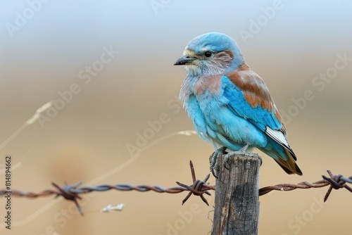 A European roller perched on a barbed wire fence post with a soft focus background © aqsa