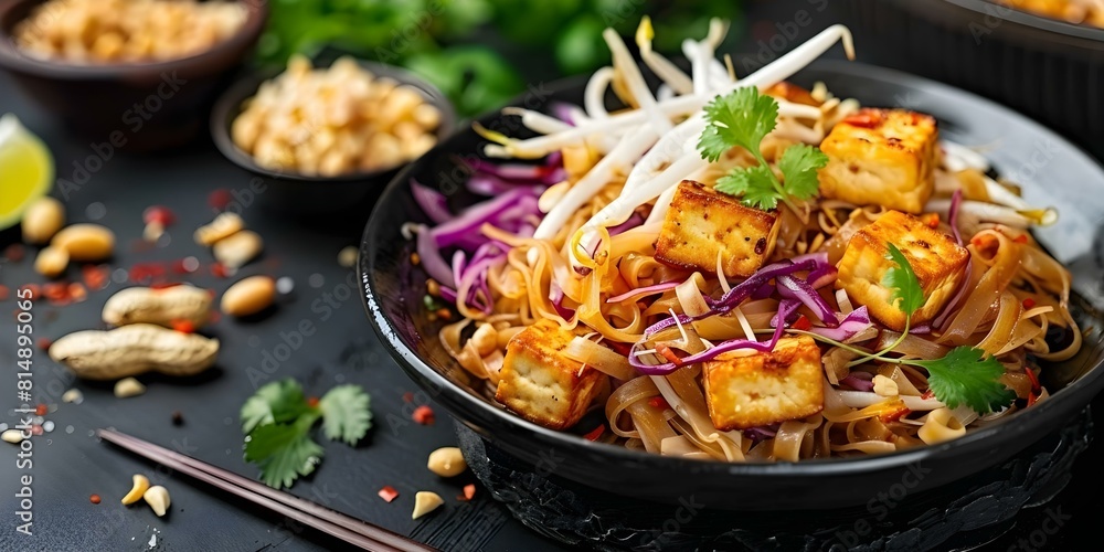 Vegetarian Pad Thai: Stir-Fried Rice Noodles with Tofu, Bean Sprouts, Peanuts, and Tamarind. Concept Thai Cuisine, Vegetarian Recipes, Noodle Dishes, Tofu & Bean Sprouts, Tamarind Flavors Vegetarian Pad Thai: Stir-Fried Rice Noodles with Tofu, Bean Sprouts, Peanuts, and Tamarind. Concept Thai Cuisine, Vegetarian Recipes, Noodle Dishes, Tofu & Bean Sprouts, Tamarind Flavors