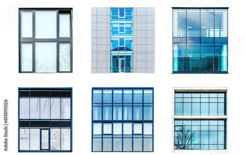 Diverse Office Building Exteriors Seen Through Authentic Modern Windows on White Isolation