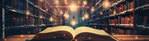 Imagine an open book with light bulbs floating above it, symbolizing the glow of ideas and knowledge against a library background. The scene is depicted in the style of Chinese. photo