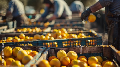 Workers sorting and packing fresh oranges into crates at a citrus farm during harvest season. Agriculture and manual labor concept. photo