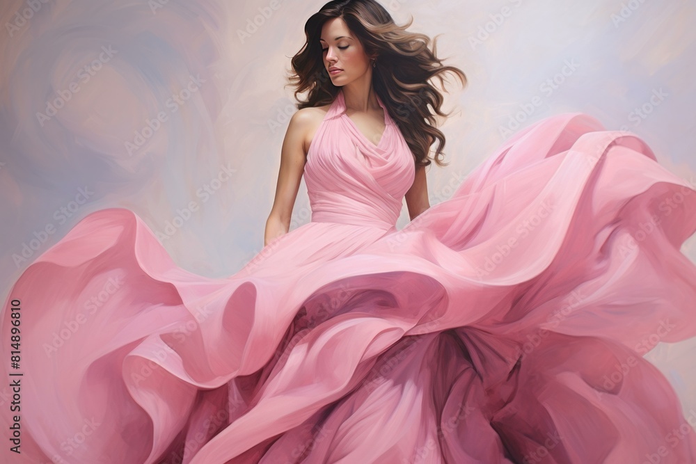 Graceful young lady in a luxurious pink gown with dynamic fabric movement Graceful young lady in a luxurious pink gown with dynamic fabric movement