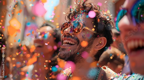 A joyous moment captured in a candid photography shot, with LGBTQ+ individuals embracing amidst a flurry of confetti at a pride event, their expressions filled with pride and happiness as they