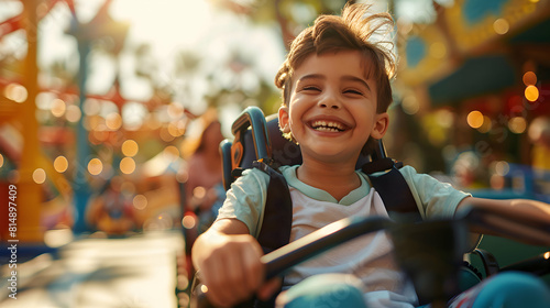 A family with a child with spina bifida joyfully exploring a theme park, showcasing inclusion, fun, and shared happiness in family outings.