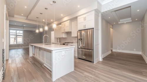 Beautiful white kitchen in new luxury home  with waterfall island  stainless steel appliances  and hardwood floors