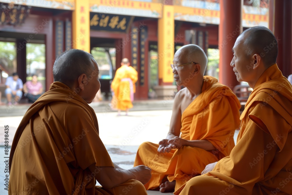 Fototapeta premium Buddhist monks seated on the ground in conversation.