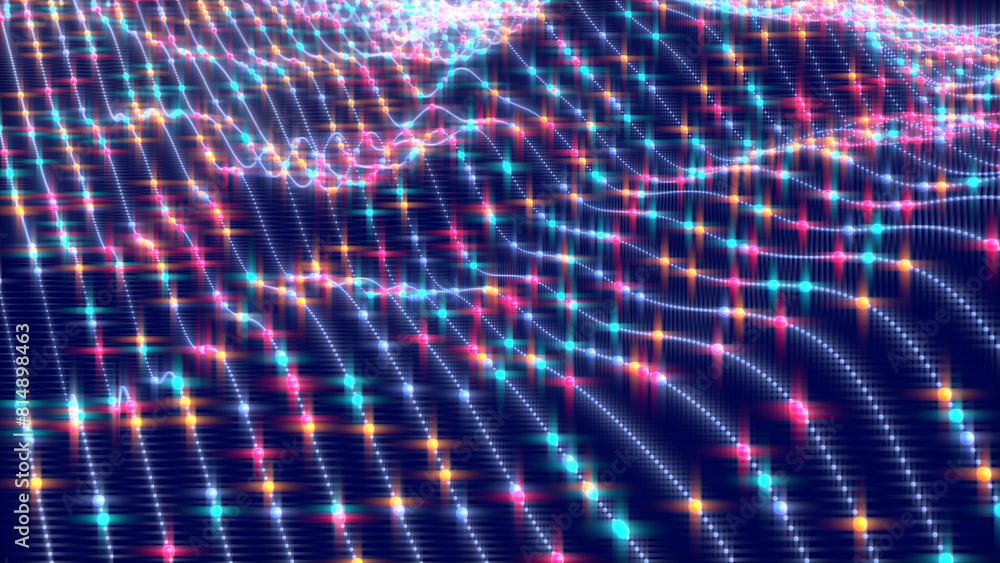 Obraz premium Glowing particles, dots, sparkles, waves of grid mesh surface abstract background 3d texture. Bright electric backdrop in vibrant neon colors.