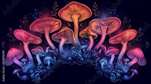 Colorful psychedelic mushrooms arranged in the shape of a semicircle on a dark background photo