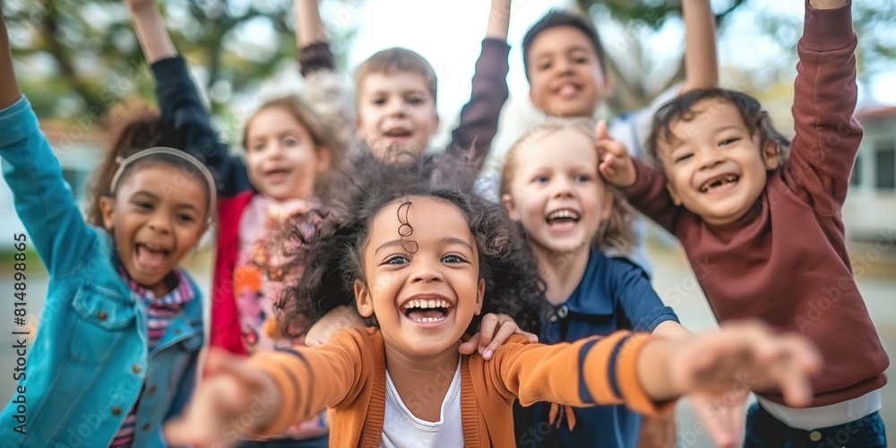 Diverse group of happy children standing beside each other. Diverse group of happy children standing beside each other.