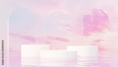 Premium 3D | Abstract minimalistic design featuring an empty podium in a serene pond, set against a backdrop of a blue-pink sky for product demonstration in landscape