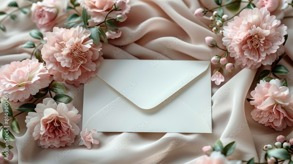 White Envelope Surrounded by Pink Flowers White Envelope Surrounded by Pink Flowers