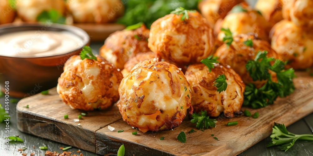 Fototapeta premium Delicious Vegan Cheese Fritters: Crispy Exterior, Mouthwatering Interior. Concept Vegan Recipes, Cheese Fritters, Crispy Exterior, Mouthwatering Interior, Cooking Techniques