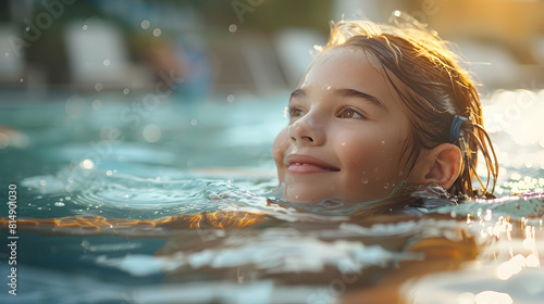 Photo realistic of a Girl with spina bifida enjoying a day at the pool  A girl joyfully swimming and playing  promoting inclusion  fun  and the joy of adaptive water activities