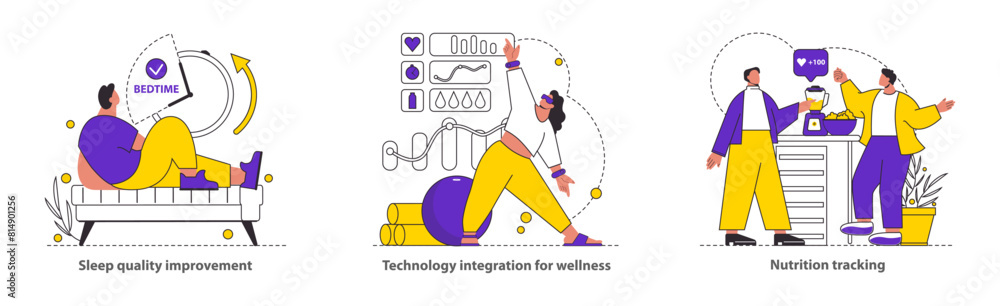 Wellness Monitoring set Illustrates improved sleep, tech-optimized health, and meticulous nutrition tracking Advocates for comprehensive wellness Vector illustration