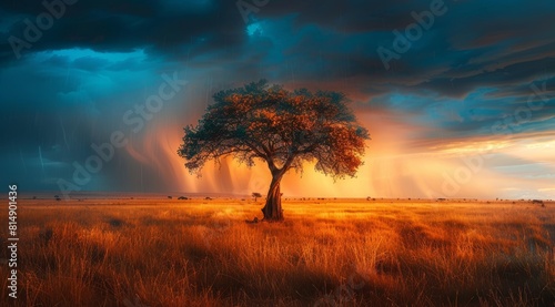 Lone acacia tree stands in the center of an African savannah, with storm clouds gathering overhead