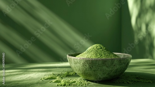 Luxurious Matcha Powder Set Against Verdant Green Backdrop in Captivating Render Style
