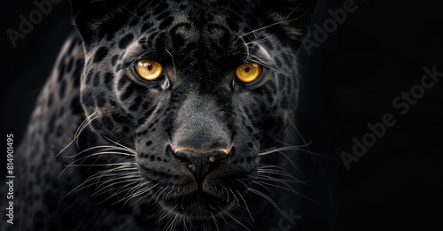 Black leopard with yellow eyes on black background, animal portrait, wildlife photography, nature wallpaper, big cat print, feline head closeup, photo