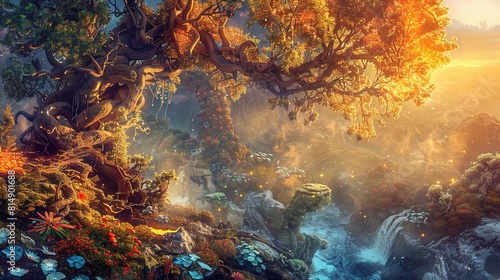 Mystical enchanted forest scene with ancient trees, flowing waterfalls, and lush vegetation illuminated by golden sunlight. High-resolution digital artwork capturing a magical landscape. photo