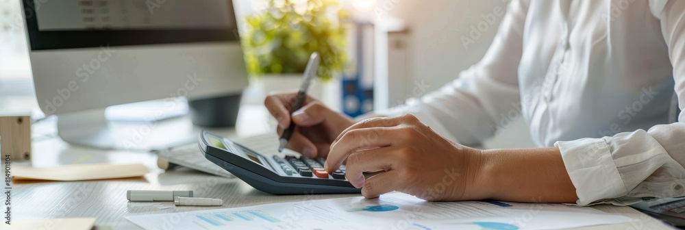 Man in a white shirt is using a calculator and notebook for her company bookkeeper work at an office desk Man in a white shirt is using a calculator and notebook for her company bookkeeper work at an office desk