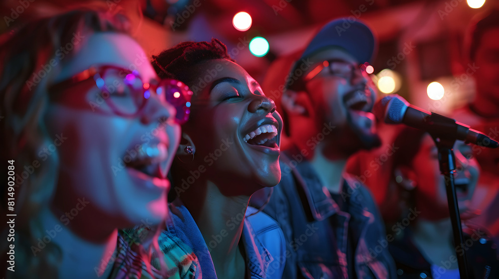 Joyful Inclusion: Friends with Intellectual Disabilities Enjoying Karaoke Night Celebrating Social Fun and Togetherness through Music Joyful Inclusion: Friends with Intellectual Disabilities Enjoying Karaoke Night Celebrating Social Fun and Togetherness through Music