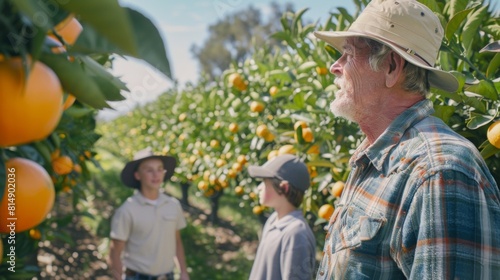 Elderly farmer with young assistants inspecting produce in a sunlit orange grove, conveying generations working together in agriculture.