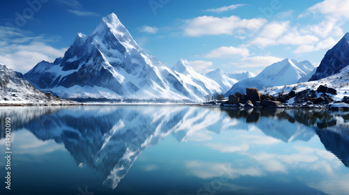 A serene lake reflecting snow-capped mountains and a clear blue sky, creating a picturesque landscape