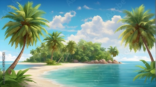 A tropical paradise awaits as you take a bite into a juicy  ripe coconut. The vibrant green palm trees sway in the warm breeze  while the crystal clear ocean sparkles in the background. Rendered in a 